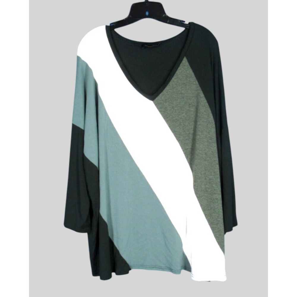 SUZANNE BETRO Green/Multi COLORBLOCK STRIPES Stretch Knit V-NECK Pullover Top 2X